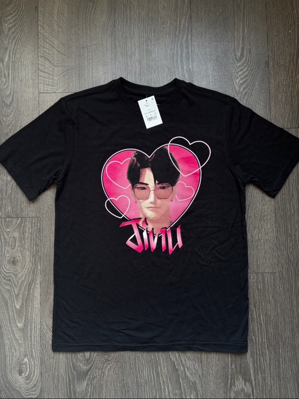 K Pop Demon Hunters Black Graphic Tee with Pink Heart Portrait of Jinu